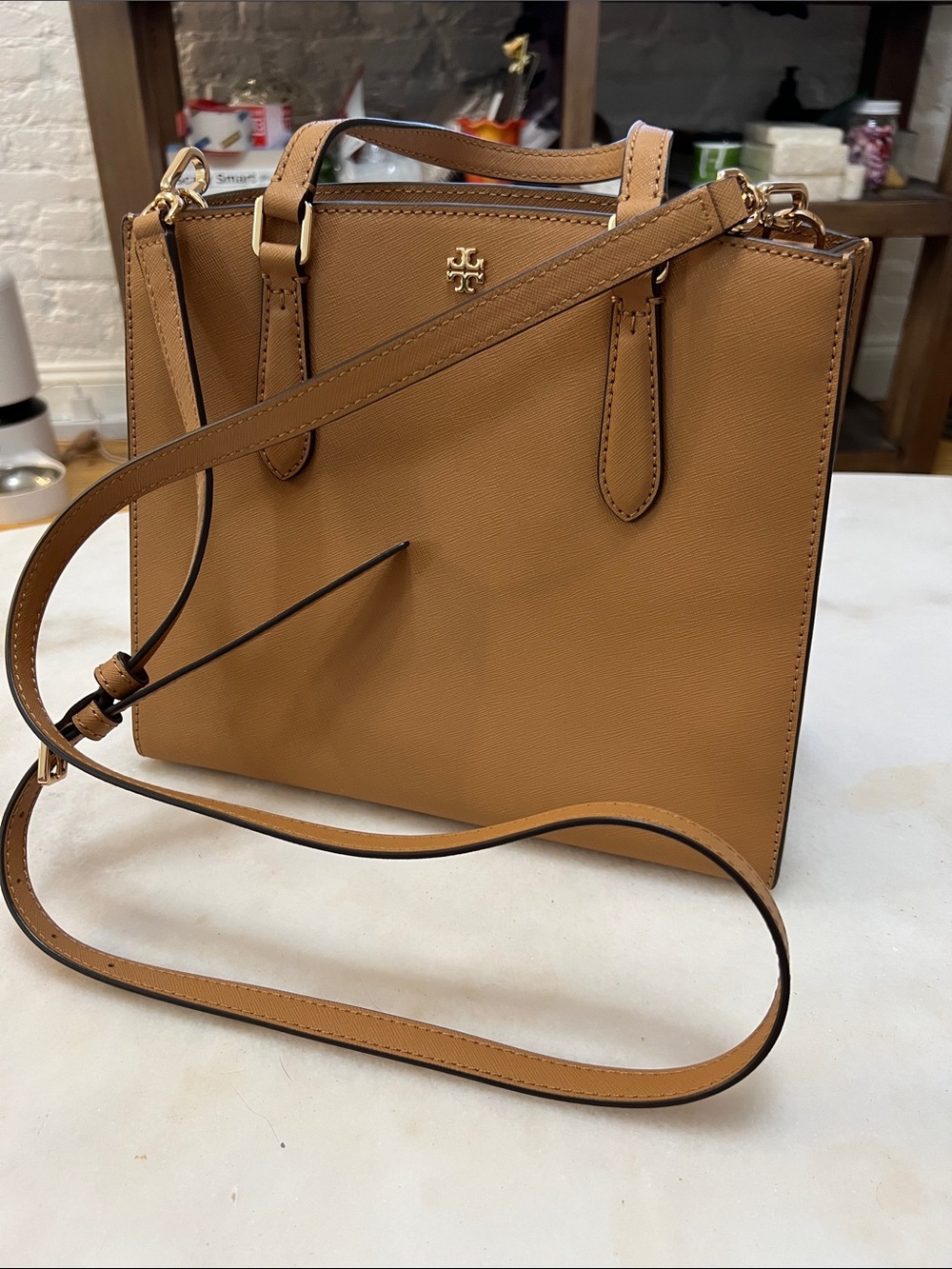 Tory Burch Caramel Tan Leather Satchel with Crossbody Strap